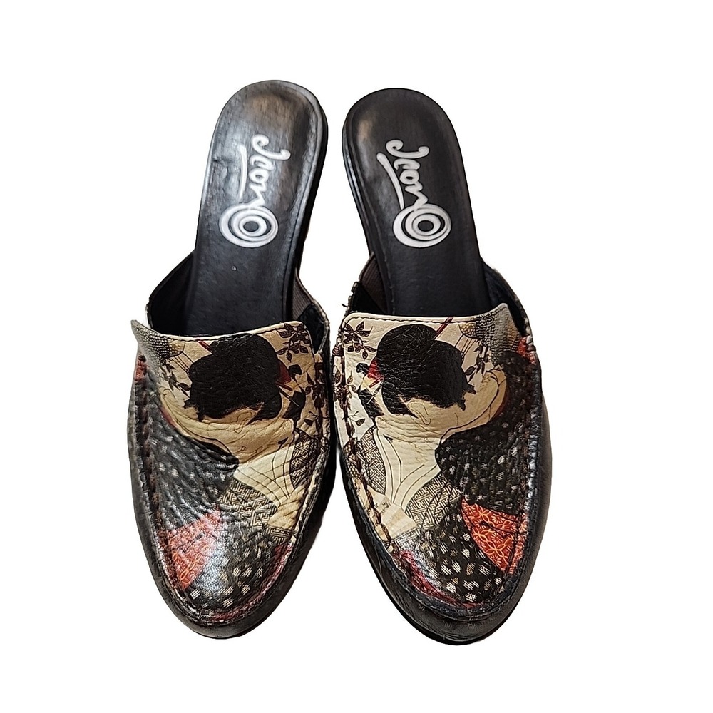 A Marinelli Womens Shoe Leather Geisha Japanese Art Print Mule Heels Size 6.5M